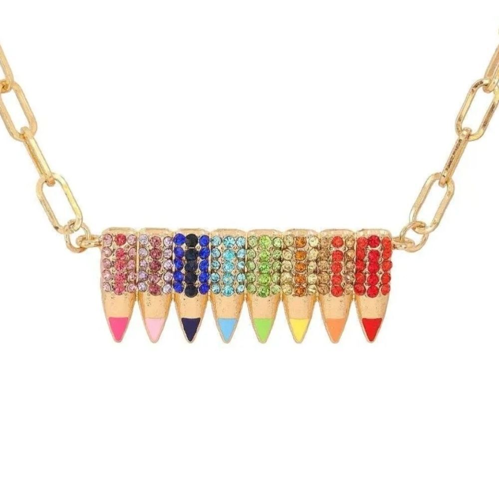 Rainbow Colored Rhinestone Pencil Necklace Gold Tone Chain